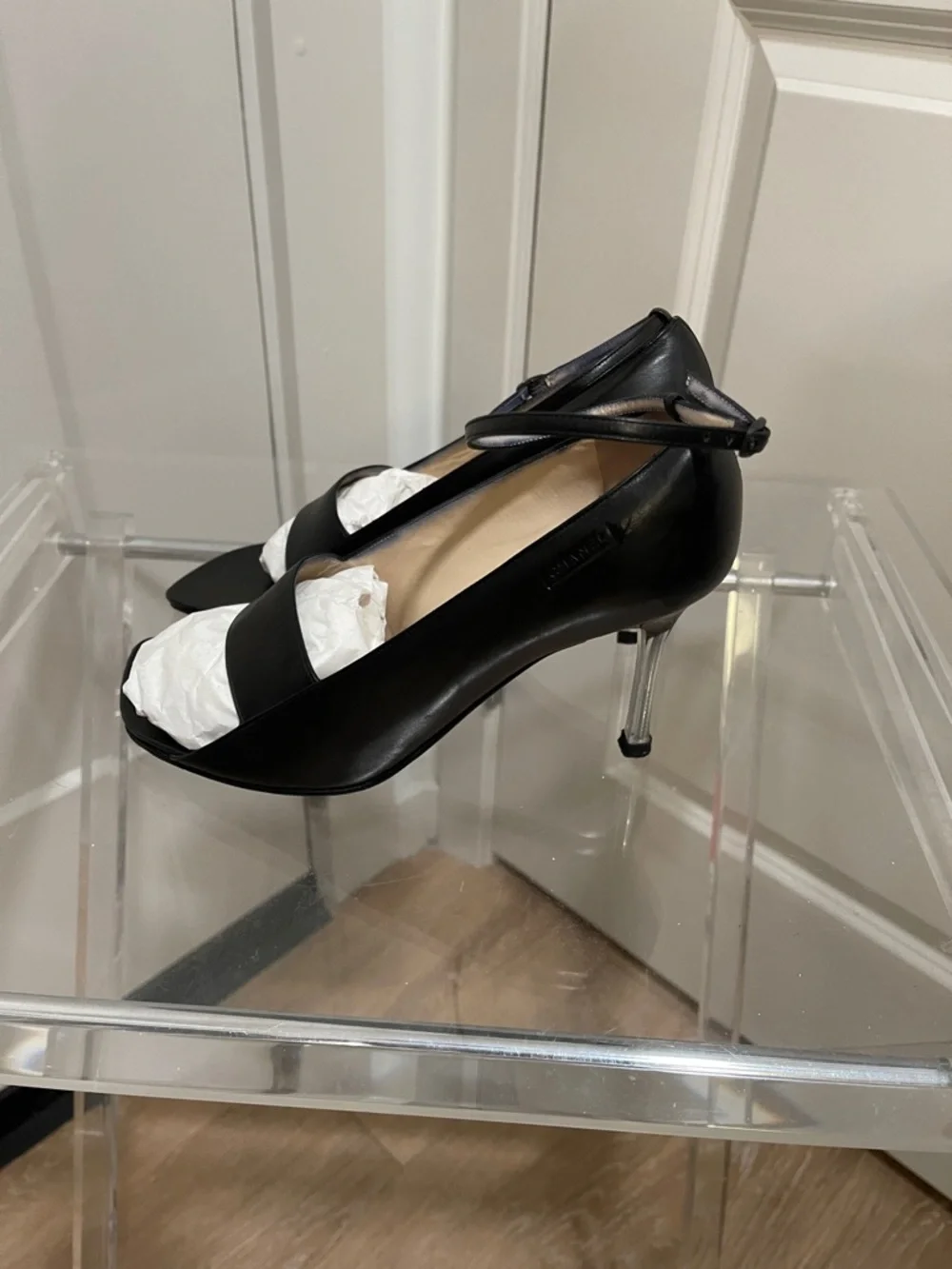 CHANEL Black Leather Square-Toe Ankle-Strap Sandals